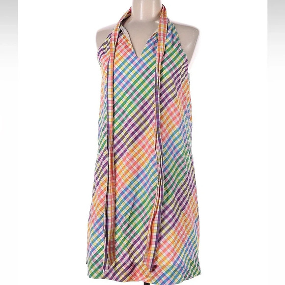 J. Crew Tie Bow Neck Mulitcolor Rainbow Gingham Print Shift Dress Size 6 S Small - Picture 6 of 11